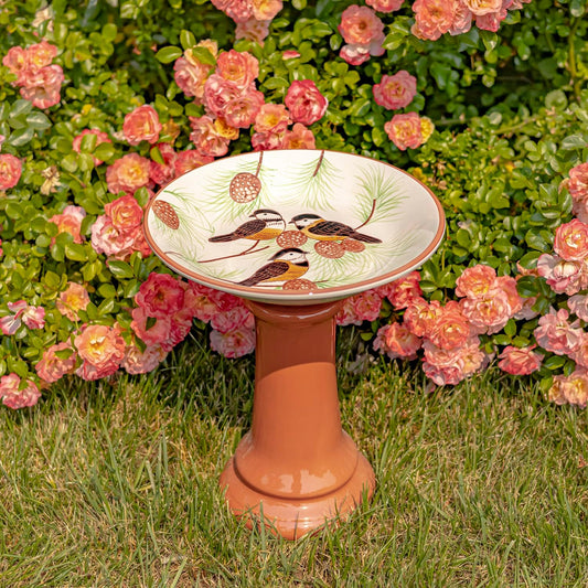 Zaer Ltd. Porcelain Birdbath with Hand Painted Details (15" Tall, Finch Birds & Pine Tree)