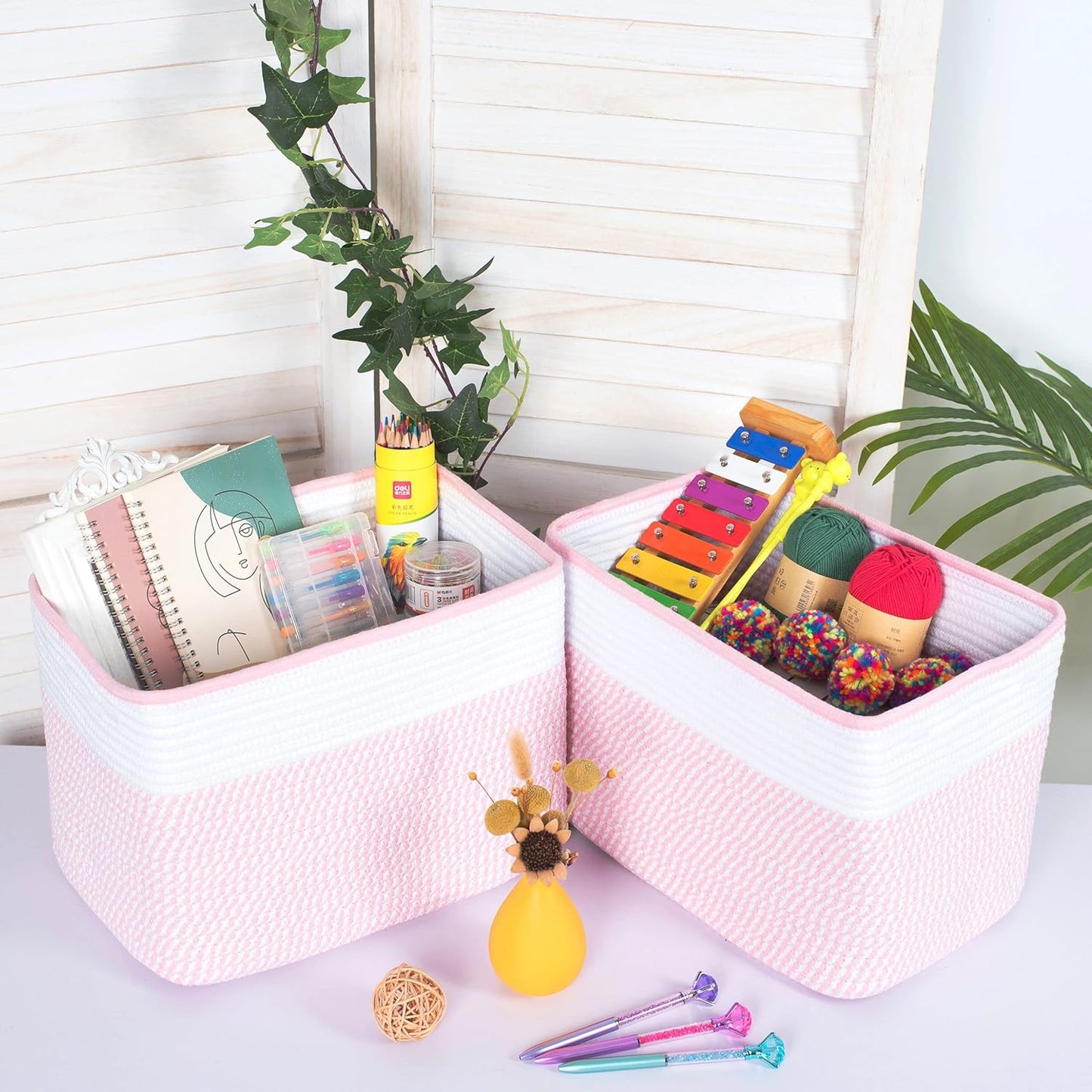 MINTWOOD Design Storage Basket for Shelves, Decorative Baskets for Organizing, Book Basket, Storage Cube Bin Box, Woven Closet Organizer, Pantry Closet and Shoe Basket, Light Pink