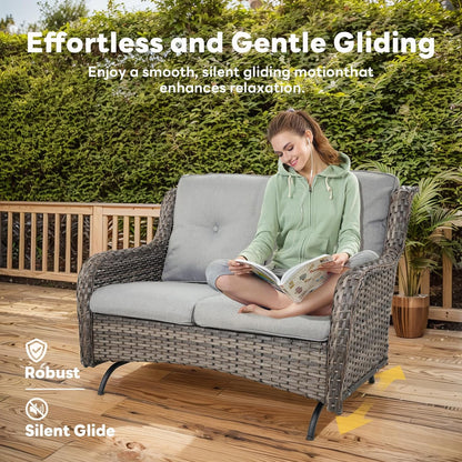 Spacious Outdoor Glider Bench - 500 LBS Weight Capacity Small Loveseat, 2 Seater Patio Gliders Furniture All Weather Wicker Couch with Removable Cushion for Deck Sunroom Balcony Backyard