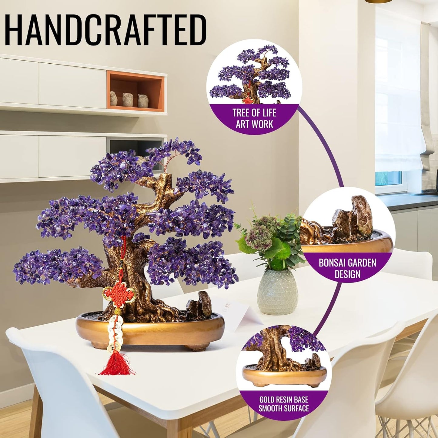 Natural Amethyst Gemstone Crystal Bonsai Tree of Life Large Feng Shui Money Chakra Tree for Luck and Wealth Desk Decoration(1,251 Gem Count)