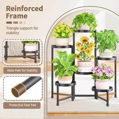 LASZOLA 6 Tiered Folding Plant Stand Indoor for Multiple Large Planter, Tall Heavy Duty Adjustable Rack with Rust Proof 10 Inch Wide Tray, Sturdy Vertical Tree Organizer for Narrow Inside Floor, Black