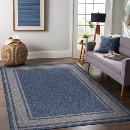 Beverly Rug Outdoor Rug 6x9 Modern Bordered Area Rugs for Indoor and Outdoor Patio Deck Porch Garden Waterproof Weather Sun Resistant Washable Outside Carpet (6 x 9 Navy)