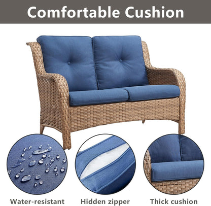 Outdoor Wicker Patio Furniture Set - 6 Piece Rattan Patio Conversation Set with 2 Rocking Swivel Chairs,2 Ottomans,1 Loveseat and 1 Side Table for Porch Deck Backyard Garden(Yellow/Blue)