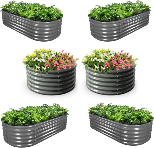 A ANLEOLIFE 6-Pack 4X4X1.5ft & 6X2X1.5ft Deep Root Galvanized Raised Garden Beds Outdoor for Planting Vegetables Flowers Herb, Quartz Grey