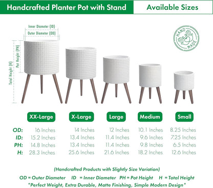 D'vine Dev 16 Inch Modern Geometric Tile Patterned Sleek Planter Pot with Stand, Indoor Outdoor Decorative Plant Holder, Matte White, 88-Z-E-1
