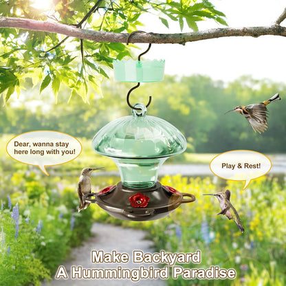 Hummingbird Feeder, Auslar 15 Ounces Glass Hummingbird Feeders for Outdoors Hanging Ant and Bee Proof, Ant Moat & 4 Flower Feeding Ports, Rustproof, Leakproof, Mushroom Shape, Green
