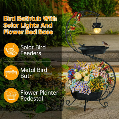 Bird Bath for Outside with Solar Lamp, 36" Birdbaths for Outdoors with Planter Flower Pot, Metal Bird Bath Bowl for Garden Yard Decor (All Black)