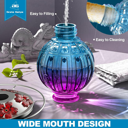 Glass Hummingbird Feeder for Outdoors Hanging, 26Oz Bird Nectar Feeder with Perch & 5 Flower Feeding Ports, Leak Proof for Outside Garden Decor Backyard, Gifts for Women Mom, Purple Blue