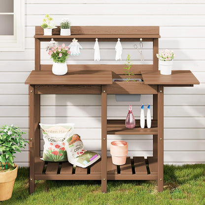 SERWALL Potting Bench Outdoor Potting Table with Sink, HDPE Potting Benches for Outside Gardening Table All Weather Use- Brown