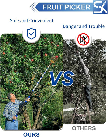 30FT Reach Fruit Picker, 5-24 Foot Sturdy Aluminum Telescoping Fruit Picker Extension Pole with Metal Twist-on Basket, Suit for Apple Pear Lemon Mango Guava Orange Avocados Tree Fruit Picking
