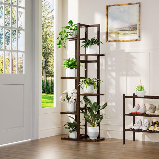 6 Tier Bamboo Plant Stand Indoor, Wood Tall Flower Holder Corner Tiered Plant Shelf for Multiple Plants (Brown)