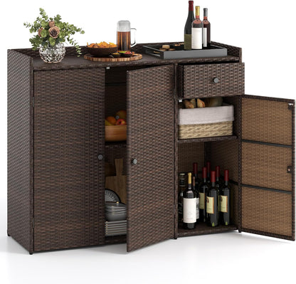 Tangkula Rattan Outdoor Storage Cabinet, Patiojoy Outdoor Cabinet with 4 Adjustable Shelves, 1 Drawer, 3 Doors, Patio Storage Deck Box Table for Patio Garden Poolside (Mix Brown)