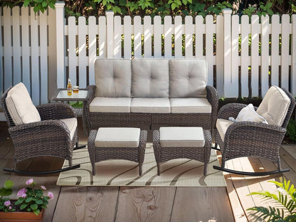 HUMMUH 6-Piece Outdoor Patio Furniture PE Wicker Patio Conversation Set,High Back Patio Couch with Ottomans Outdoor Rocking Chairs for Backyard,Porch,Deck