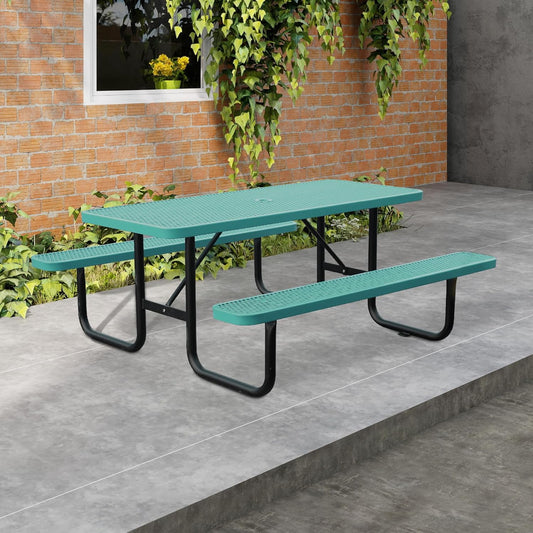 4FT Metal Picnic Tables for Outdoors, Commercial Rectangular Picnic Table and Bench Set for Outside, Patio, Garden, Backyard, Porch, Surface Mount, Green