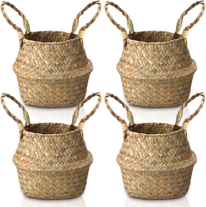 Qunclay 4 Pcs Woven Seagrass Baskets Belly Basket Folding Boho Natural Plant Pot with Handles Round Decorative Wicker Large Indoor Planter for Home Outdoor Tree Planters Decor (6.3 x 5.9 Inch)