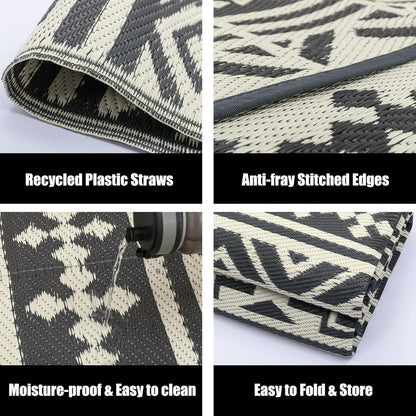 RV Waterproof Mat Outdoor Rugs 9'x12' for Patios Clearance Carpet Camping, Large Plastic Straw (9x12ft Geometric Boho Grey&White)