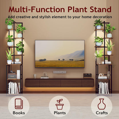 Plant Stand Indoor with Grow Light, 7-Tiered Tall Plant Stand Indoor, Metal Plant Shelf with Bookshelf Bookcase and Adjustable Light, Ideal for Living Room, Reading room, Garden, Patio (Brown)