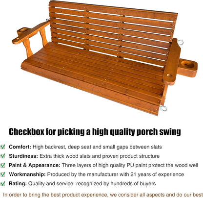 Wooden Porch Swing 3-Seater, High Backrest and Deep Seat, Bench Swing with Cupholders, Hanging Chains and 7mm Springs, Heavy Duty 880 LBS, for Outdoor Patio Garden (Cedar Tone, 5 FT Extra Large)