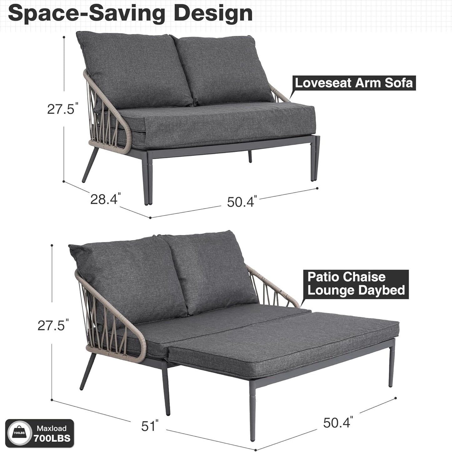 Patio Adjustable Daybed, 2-Person Outdoor Daybed with Cushions and Pillows, Woven Rope Patio Loveseat Garden Adjustable Reclining Chaise Lounge for Lawn, Poolside, Grey