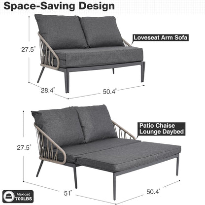 Patio Adjustable Daybed, 2-Person Outdoor Daybed with Cushions and Pillows, Woven Rope Patio Loveseat Garden Adjustable Reclining Chaise Lounge for Lawn, Poolside, Grey