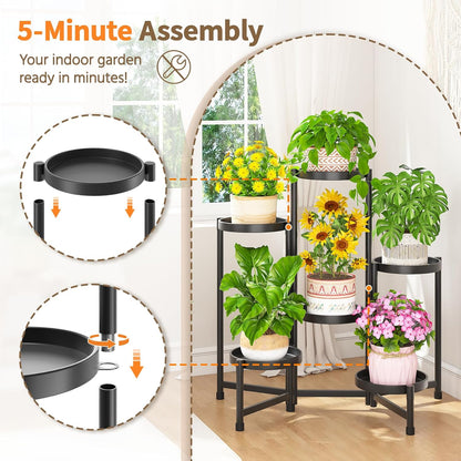 LASZOLA 6 Tiered Folding Plant Stand Indoor for Multiple Large Planter, Tall Heavy Duty Adjustable Rack with Rust Proof 10 Inch Wide Tray, Sturdy Vertical Tree Organizer for Narrow Inside Floor, Black