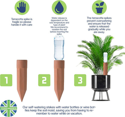 8 Pcs Plant Watering Devices - FREE Moisture + PH Sensor - Plant Waterer Self Watering Terracotta Spikes - Self Watering Planter Insert - Water Your Indoor and Outdoor Plants While On Vacation