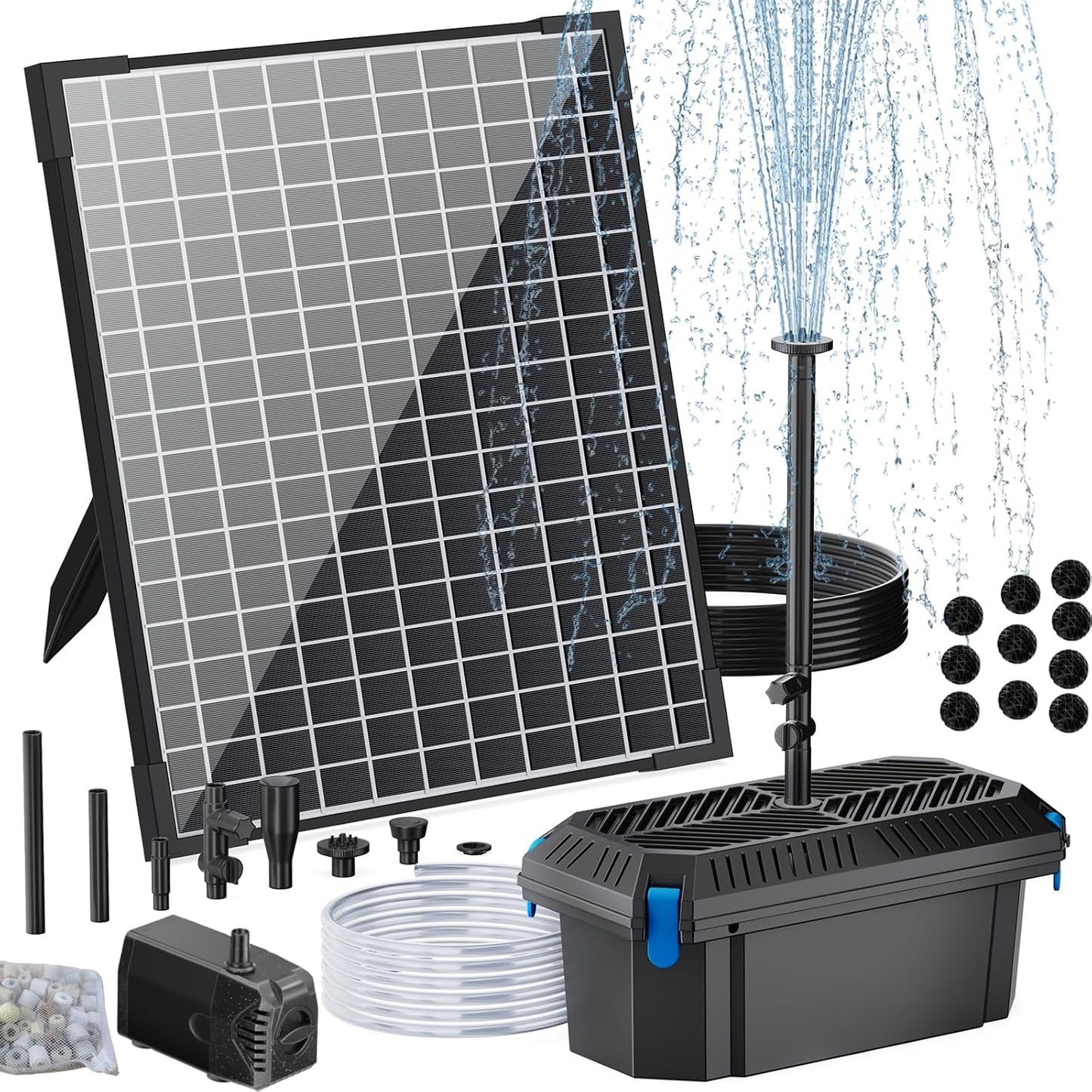 POPOSOAP 25W Solar Pond Filter with Water Pump, Solar Pond Filter Box Water Flow Adjustable, Pond Filter with PVC Tubing for Outdoor Ponds Fish Tank Pool Garden Water Feature Waterfall