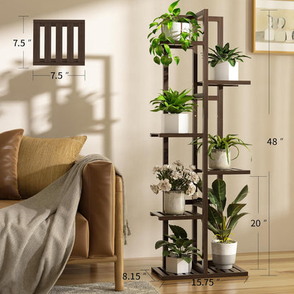 6 Tier Bamboo Plant Stand Indoor, Wood Tall Flower Holder Corner Tiered Plant Shelf for Multiple Plants (Brown)