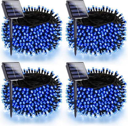 4 Pack 180FT Solar Christmas Lights Outdoor Waterproof, Super Bright 320 LED Solar String Lights with 8 Lighting Modes, Green Wire Twinkle Tree Light for Outside Xmas Party Decorations (Blue)