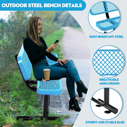 Thermoplastic Coated Iron Park Bench for Outside, Heavy Duty Metal Garden Bench, Expanded Commercial Grade Seating for Shopping Malls, Lawn Yard Porch Entryway (Blue with Backrest, 72IN)
