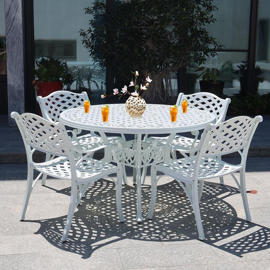 48 Inch Outdoor Dining Table Round Patio Bistro Table Powder-Coated Cast Aluminum Frame Patio Dining Table Garden Table with Umbrella Hole (White)