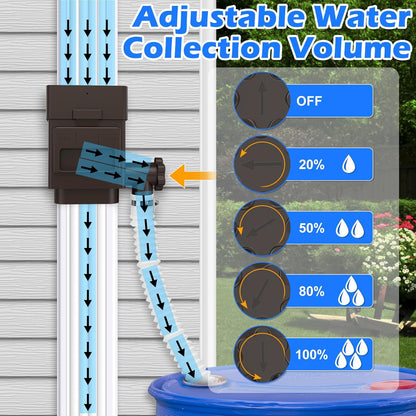 WADEO Rainwater Collection System, Downspout Diverter Fits for 2"x 3" or 3"x 4" Residential Downspouts, Rain Barrel Diverter Kit with Adjustable Valve and Filter, 5FT Hose, Brown