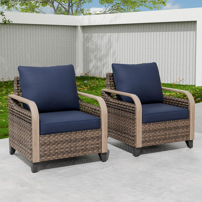 EAGLE PEAK Modern Wicker Outdoor Chair, Patio Chair Curved Armrest, Rattan Patio Furniture for Yard Deck Porch Garden, 2 Chairs, Brown/Blue