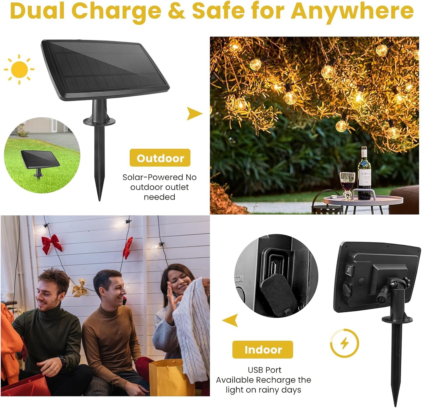 200FT Solar String Lights Outdoor Waterproof with Remote,G40 Solar Powered String Lights with 60+3 LED Shatterproof Bulbs, Dimmable Solar Patio Hanging Lights for Outside Backyard Party