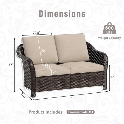 3 Piece Patio Wicker Conversation Set, All-Weather Use Outdoor Wicker Loveseat with 2 PE Rattan 360 Swivel Chair, Ideal for Porch, Backyard, Balcony, Poolside, Beige