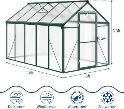 6x10 FT Greenhouse, Easy Assembly Aluminum Polycarbonate Greenhouses for Outdoors with Roof Vent and Ground Nails, Heavy Duty Aluminum Walk-in Greenhouse for Backyard, Sliding Lockable Door, Green