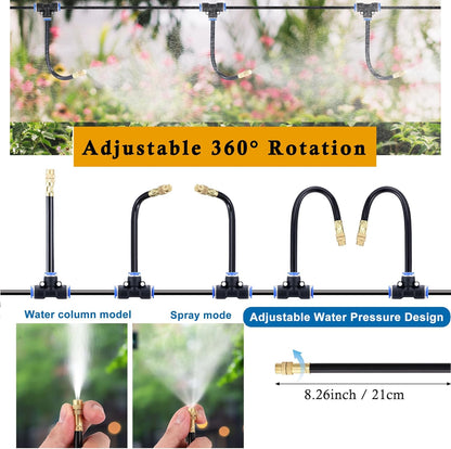 Mornajina Automatic Drip Irrigation Kits Garden Irrigation System, Includes Calcium Inhibitor Filter & 50FT 5/16 inch Irrigation Tubing Hose & 15Pcs 360° Bending Dropper Atomizing Mist Nozzles Tee