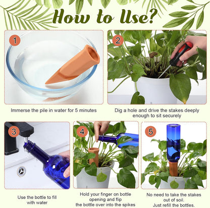 12 Pack Plant Watering Devices Include 6 Terracotta Self Watering Spikes and 6 Pcs 26 oz Plastic Bottles, Slow Release Vacation Insert Automatic Plant Waterer Device (Blue)