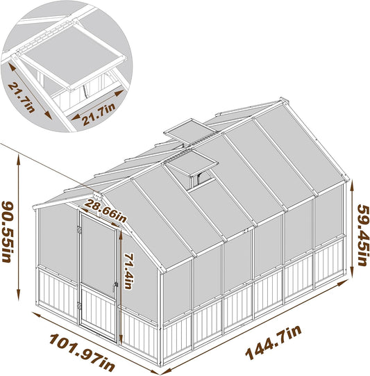 8x12 FT Greenhouse Kit with 6MM Thick Polycarbonate Panel for Outdoor, Wooden Walk-in Green House with Adjustable Roof Vent and Lockable Door, Backyard, Garden, Light Mocha Brown