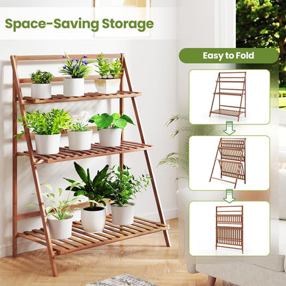 Giantex Folding Bamboo Plant stand, 3-Tier Flower Pot Rack Display Shelf, Foldable Plants Holder Organizer Storage Shelving for Patio Garden Balcony Home Indoor Outdoor (Brown)