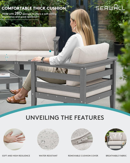 SERWALL HDPE Patio Furniture Set 4 Pieces, All-Weather Wood-Like Outdoor Sofa Couch with Coffee Table for Deck, Lawn, Grey Frame with Khaki Cushion