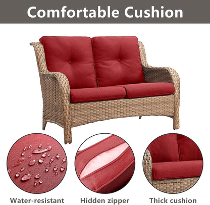 Outdoor Wicker Patio Furniture Set - 6 Piece Rattan Patio Conversation Set with 2 Rocking Swivel Chairs,2 Ottomans,1 Loveseat and 1 Side Table for Porch Deck Backyard Garden(Yellow/Red)