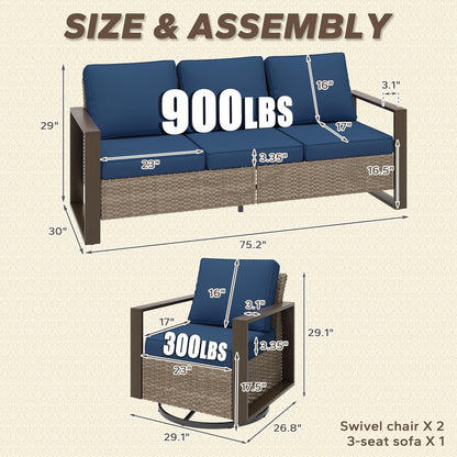 Wicker Patio 75" Sofa Set with 2 Swivel Chairs, All Weather Rattan Outdoor Conversation Furniture Set with Wood-Looking Metal Armrest & Removable Cushions for Backyard Porch, Dark Blue