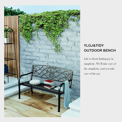 YLGJ&TIDY 50" Outdoor Bench, Metal Garden Bench, Patio Park Bench with Backrest & Armrests, Rust-Resistant, Perfect for Gardens, Parks, Porch, Lawn and Yard (BENCH01)