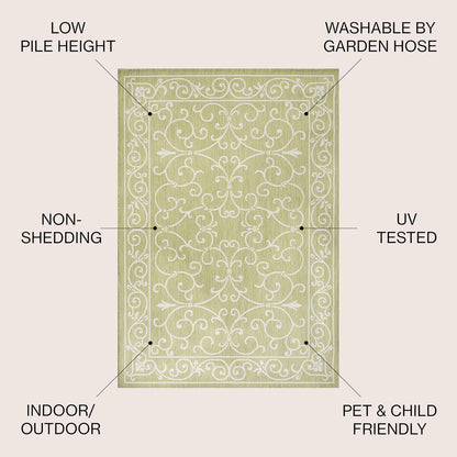 JONATHAN Y SMB106H-9 Charleston Vintage Filigree Textured Weave Indoor Outdoor Area Rug, Coastal,Traditional,Transitional Easy Clean,Bedroom,Kitchen,Backyard,Patio, Non-Shed, Green/Cream, 9 X 12