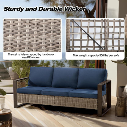 Joyside Outdoor Patio Wicker Sofa, 3-Seater Rattan Sofa with Thick Olefin Cushions and Metal Steel Rectangular Framed Armrest -Looking Metal Armrest Suitable for Garden, Backyard, Porch, Deck (Blue)