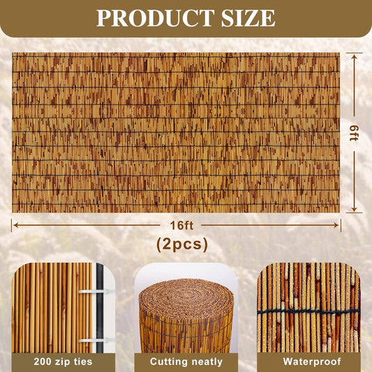 Reed Fencing Rolls,Patio Privacy Screen,Decorative Bamboo Fence Rolls for Patio Balcony Garden Backyard Outdoor,6x16FT(2Pcs)
