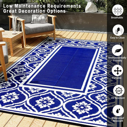 Plastic Outdoor Rug 6'x9' Waterproof Camping Carpet Outside Area Rug Reversible Light Blue Rugs for RV Deck Entryance Porch Picnic Balcony Beach