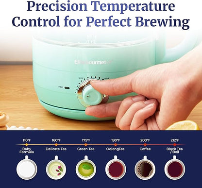 Elite Gourmet 1.2L Electric Glass Kettle, 1200W Fast Boil, Adjustable Temperature Control & Keep Warm, BPA-Free Borosilicate Glass, Auto Shut-Off & Boil-Dry Protection, 360° Cordless Base, Mint