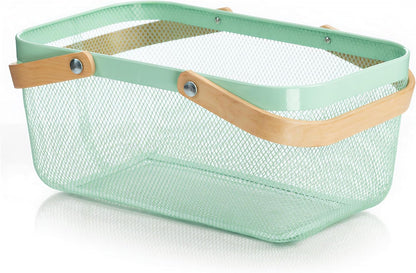 Portable Mesh Harvest Basket - Natural Bamboo Handle Foldable Organizer for Kitchen, Garden & Picnic | Ventilated Storage Bin with Rust-Proof Wire, Space-Saving Farmhouse Decor (Nebula Green)